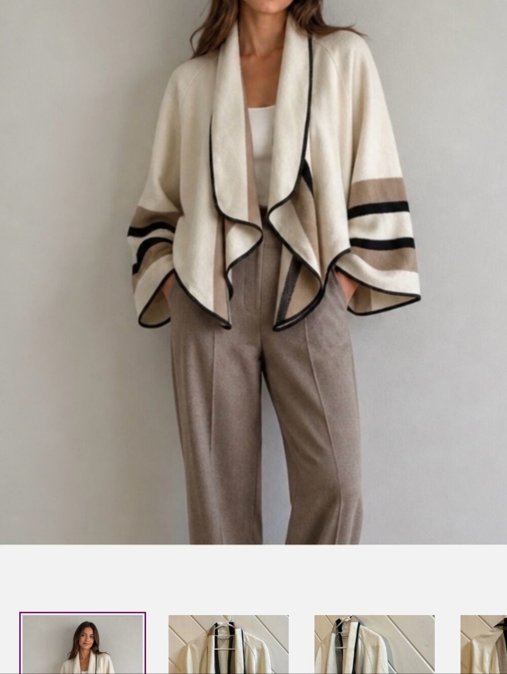Open-Front Cream Draped Cardigan with Black and Taupe Stripes 22 PTP X 29 LONG